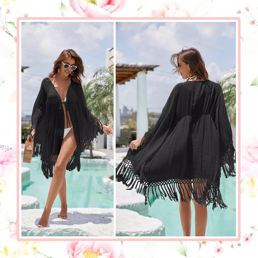 🌺 FRINGE CARDIGAN ROBE BEACH COVER DUSTER MIDI SLEEVE BOHO CHIC BOHEMIAN GYPSY